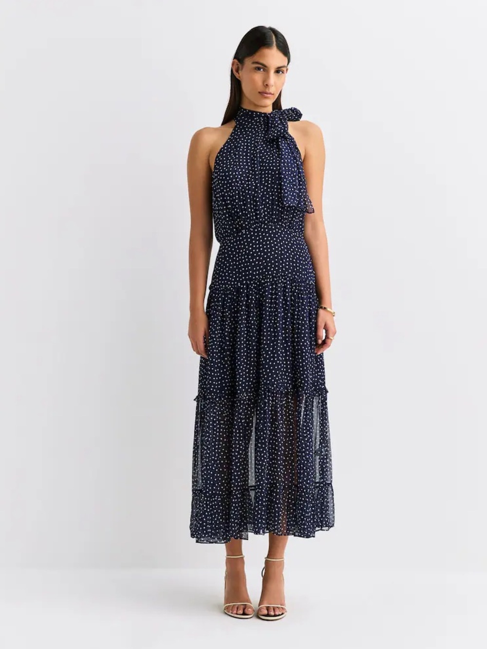 RIXO Abi Midi Dress navy dot print silk size Small